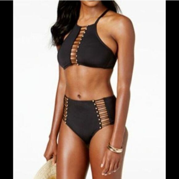 Kenneth Cole High Neck Cutout Bikini Top and Bottom Set Women's Size Small Black - Picture 1 of 12